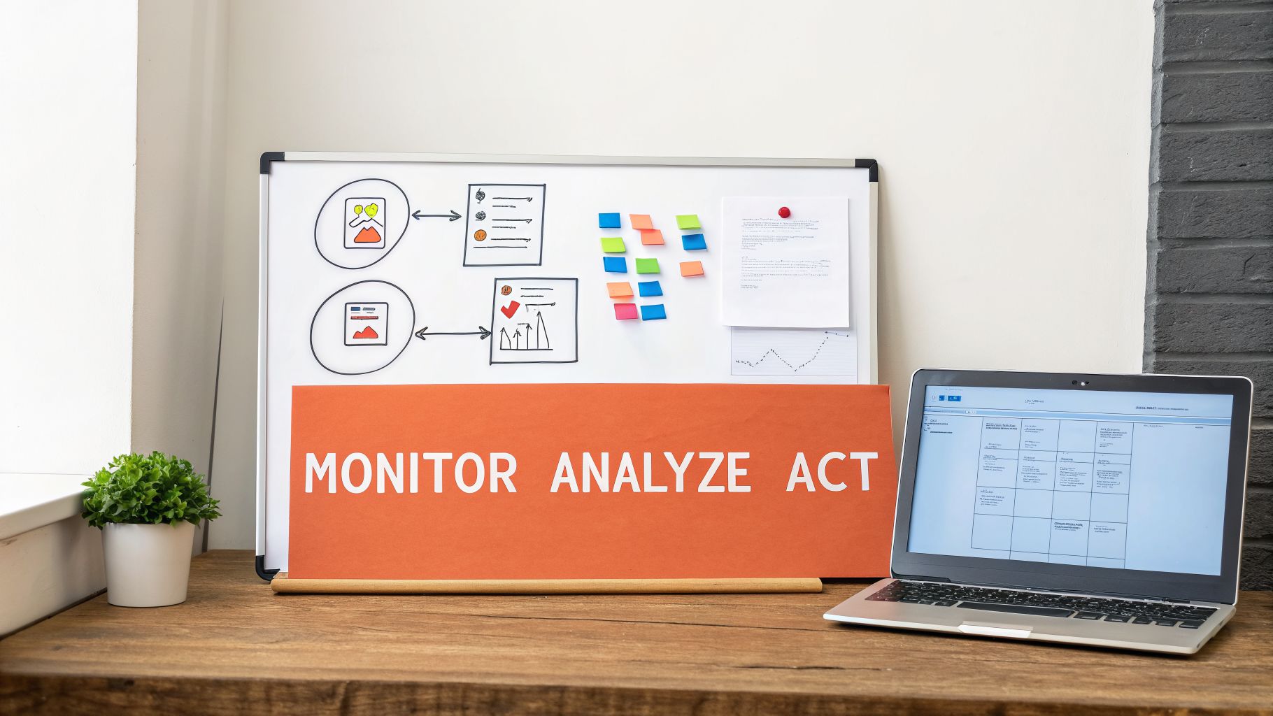 Desk setup with whiteboard showing diagrams, sticky notes, a laptop, and 'MONITOR ANALYZE ACT' banner.