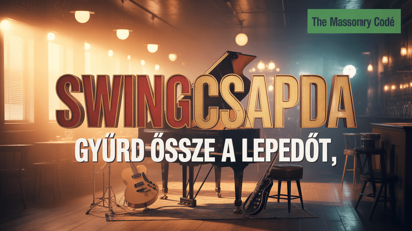 Swing jazz bar with piano and instruments plus SWINGCSAPDA title and GYURD OSSZE A LEPEDOT subtitle