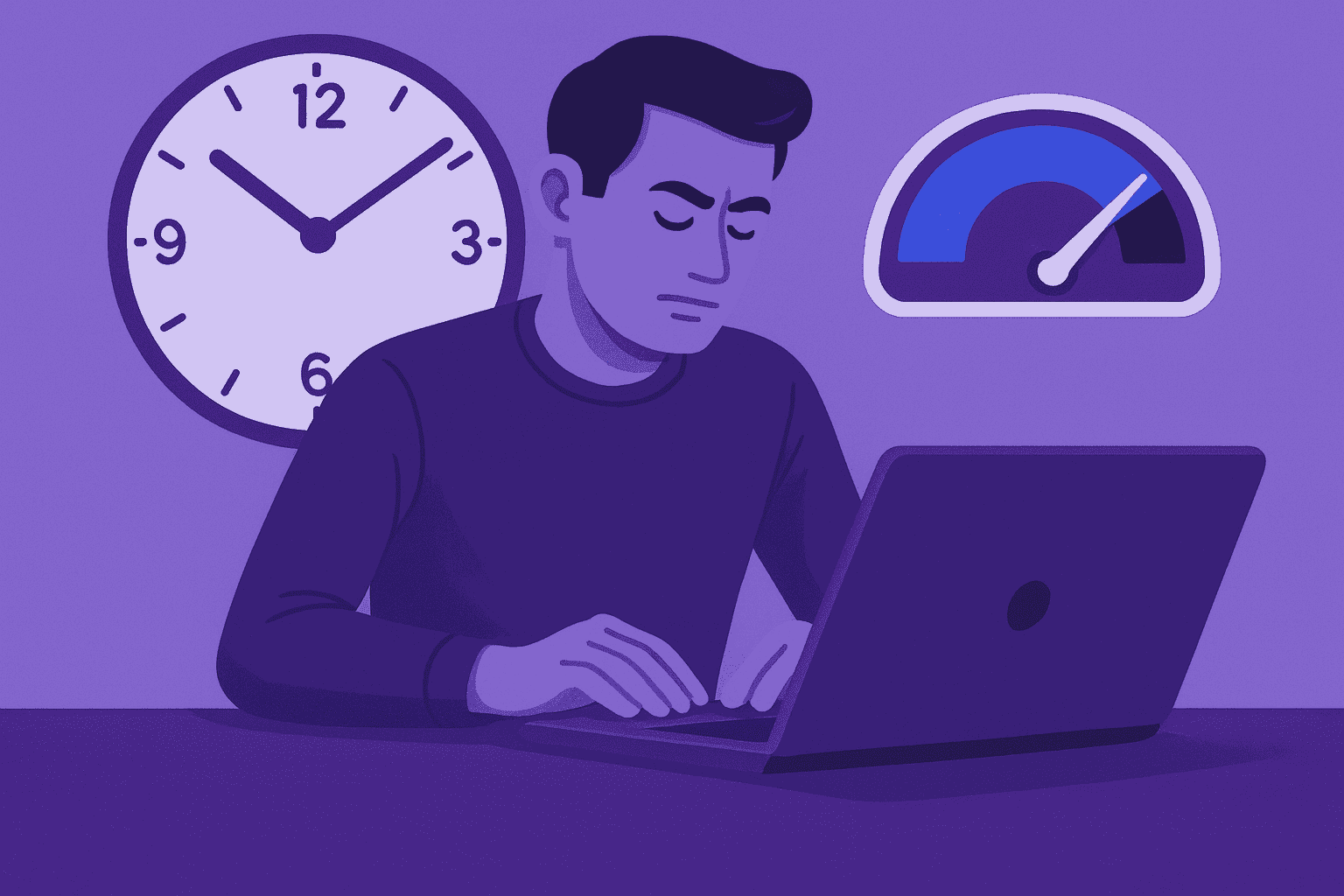 A flat-style digital illustration of a focused worker at their desk with a large clock in the background and a glowing efficiency meter fully filled, symbolizing peak focus and productivity.