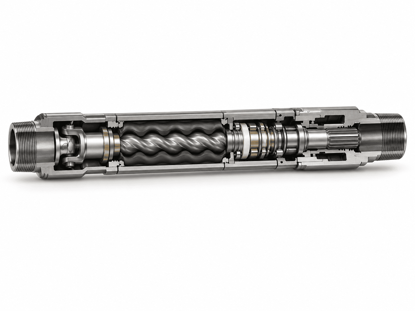 Cutaway 3D render of a mud motor showing its rotor and stator power section, universal joint, and bearings