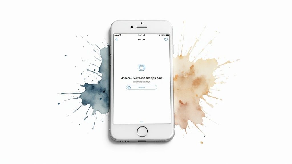 iPhone affichant l'interface WhatsApp avec éclaboussures artistiques bleues et oranges en arrière-plan