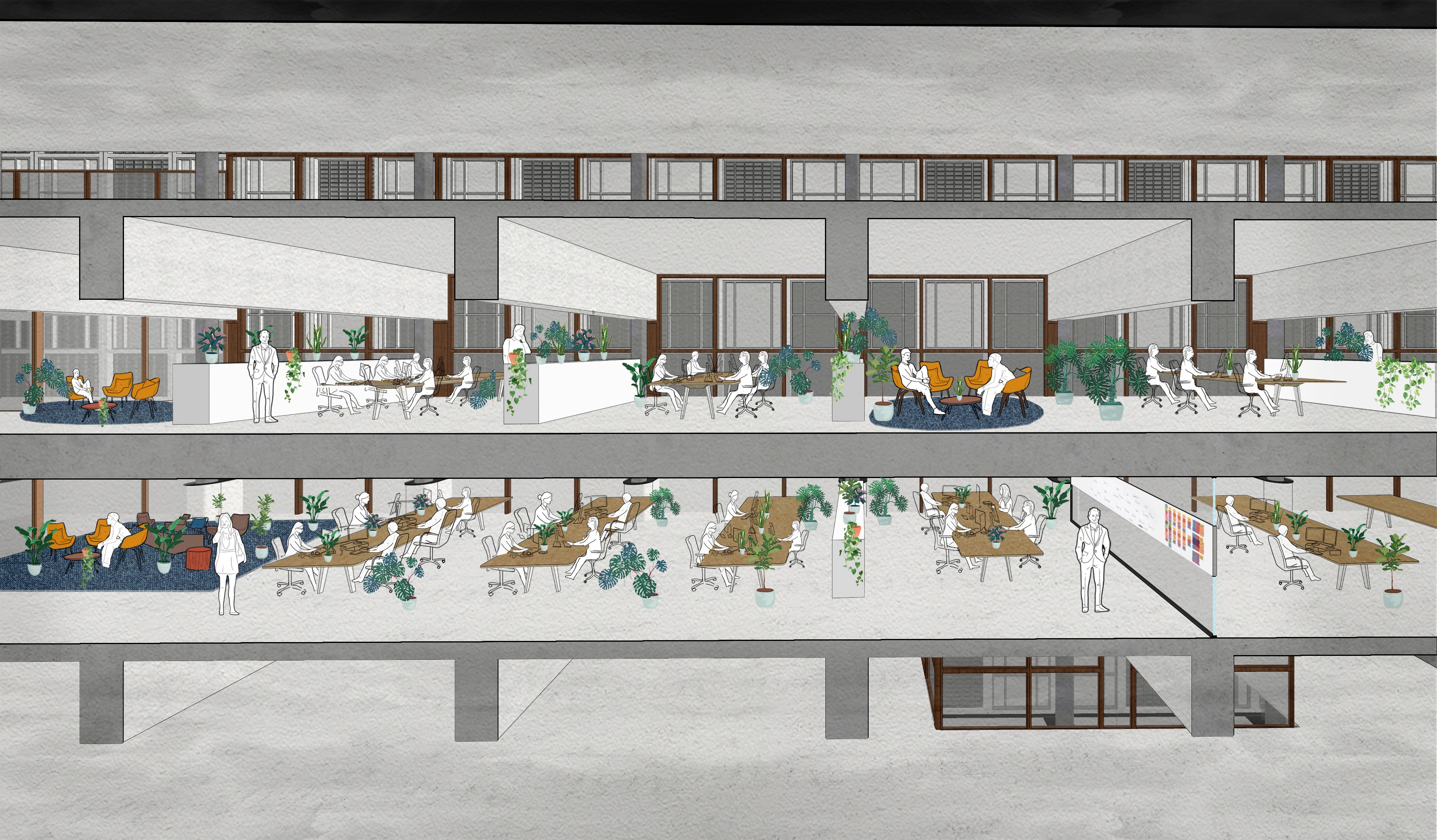 Section drawing of the interior design on one of the office floors inside the renovated Stationspostgebouw