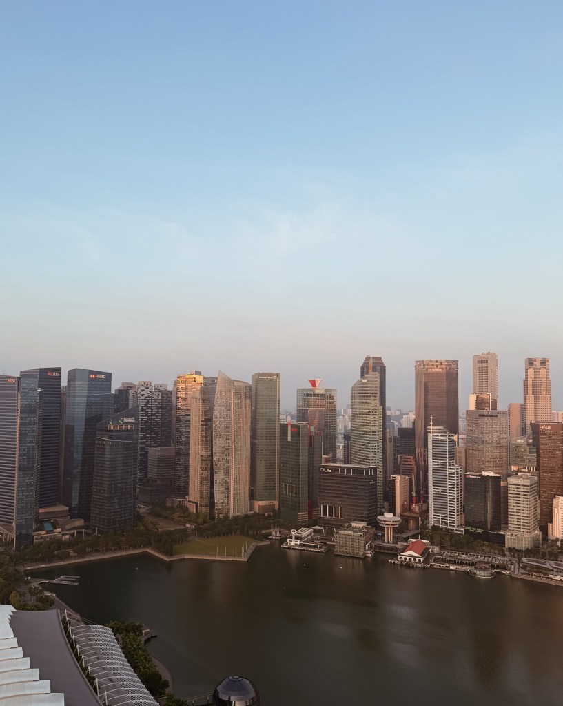 A panoramic view of a skyline featuring tall modern skyscrapers alongside a body of water, with a clear sky in the background.