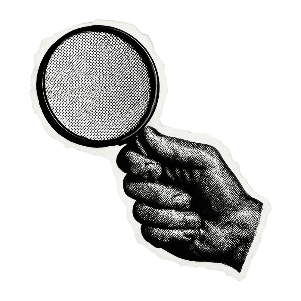 Vintage black and white illustration of a hand holding a magnifying glass symbolizing investigation and research