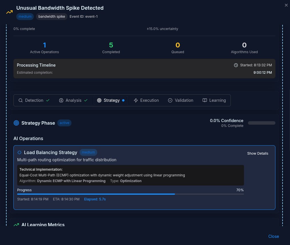 An incident view showing an autonomous pipeline with six phases, detection, analysis, strategy, execution, validation and learning, with detection and analysis complete and the strategy phase actively computing a load-balancing optimization.