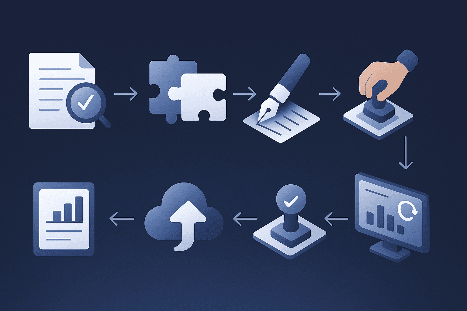 Seven connected icons depicting the audit-to-monitor workflow for bulk AI content refresh