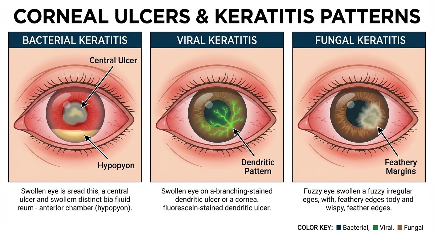Types of corneal ulcers and keratitis patterns for NEET PG recognition