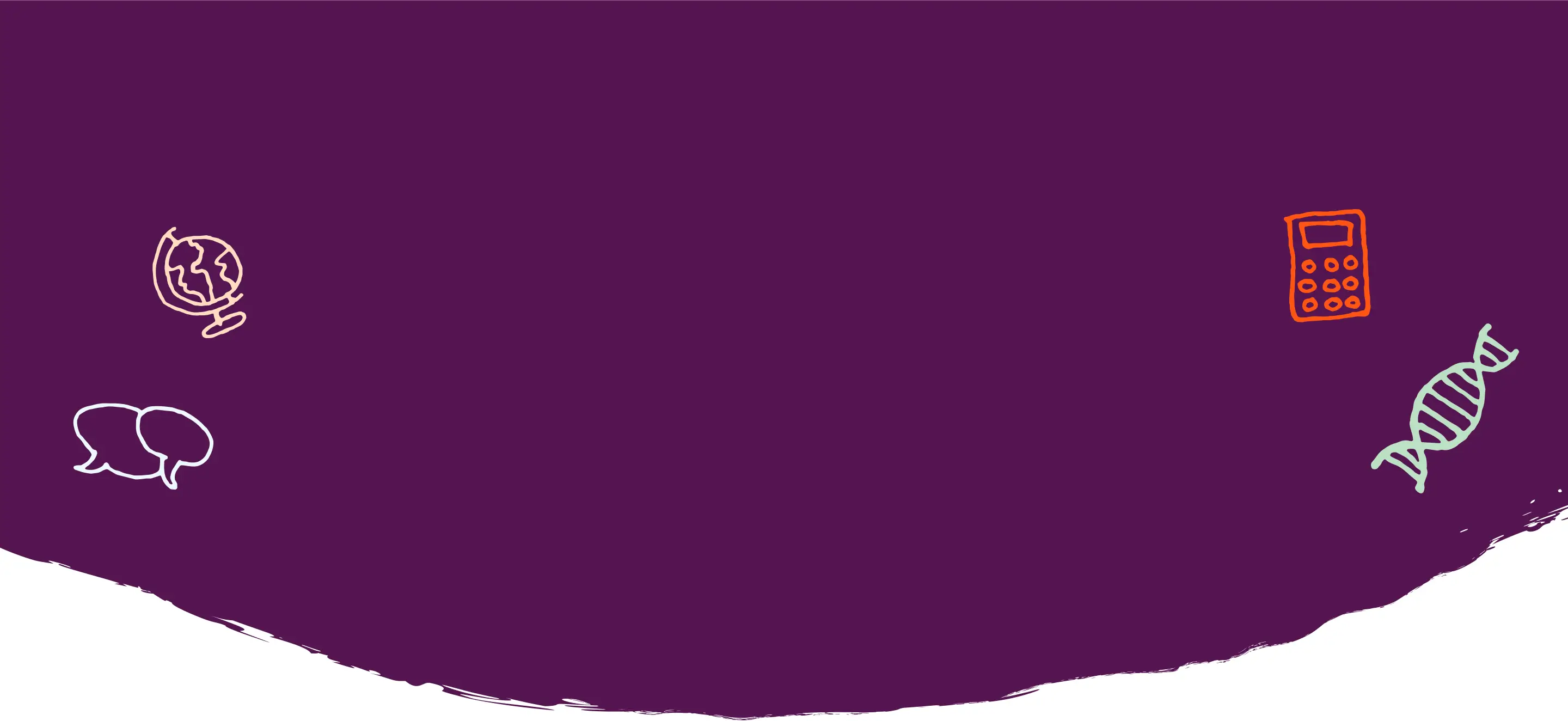 Plum background with various illustrations of a chatbox, globe, dna strand, and calculator