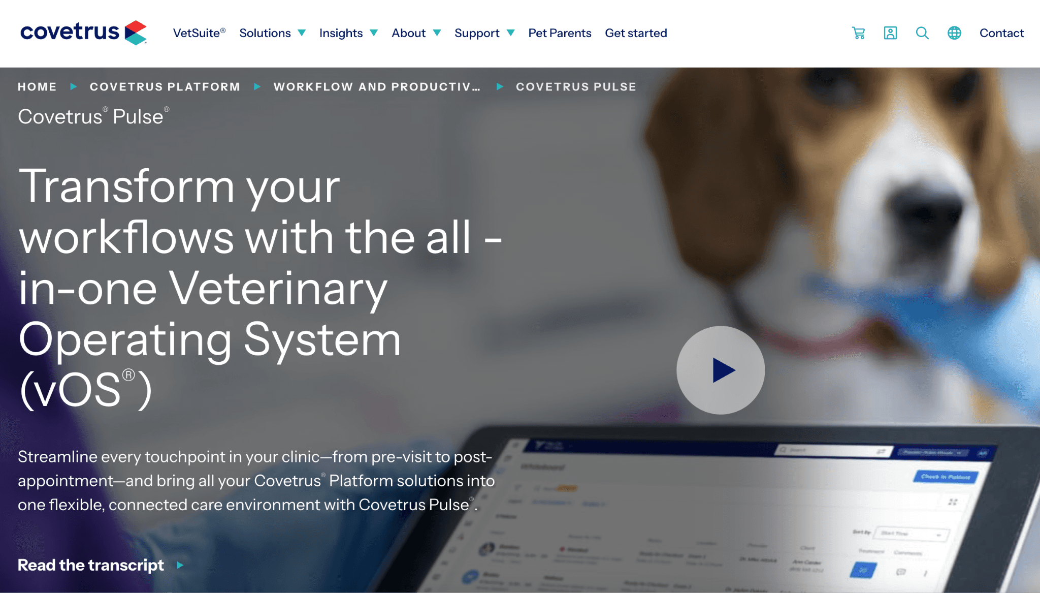 Covetrus Pulse's homepage hero section 