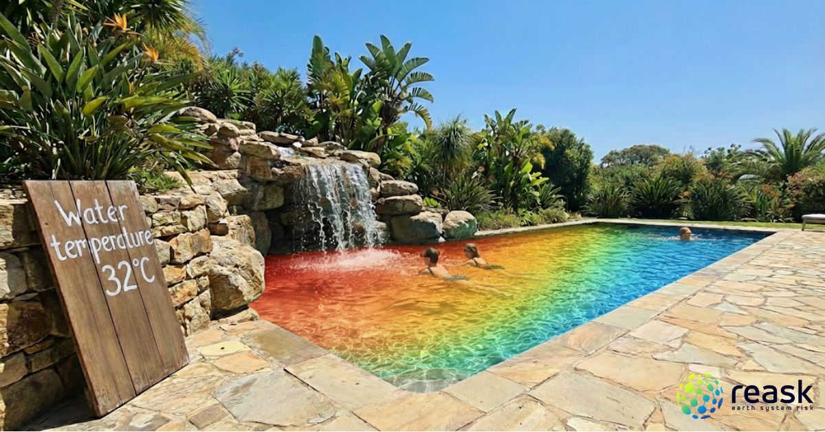 Pool with a heat map overlay showing temperature variation from hot (near the waterfall) to cool (far end) — illustrating why a single category label doesn't reflect wind speed at a specific insured location.