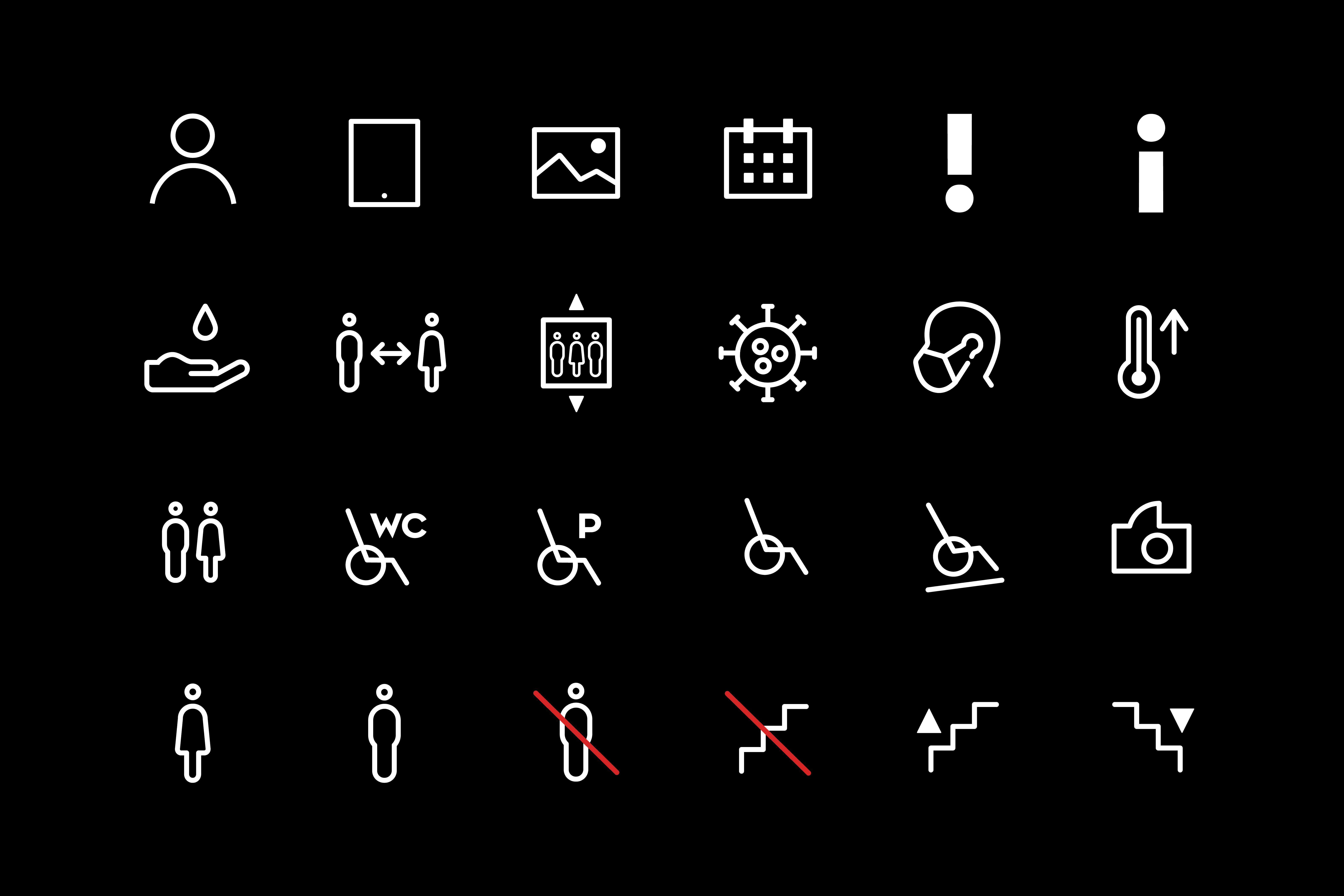 Grid of various monochromatic icons representing different actions and objects on a dark background.