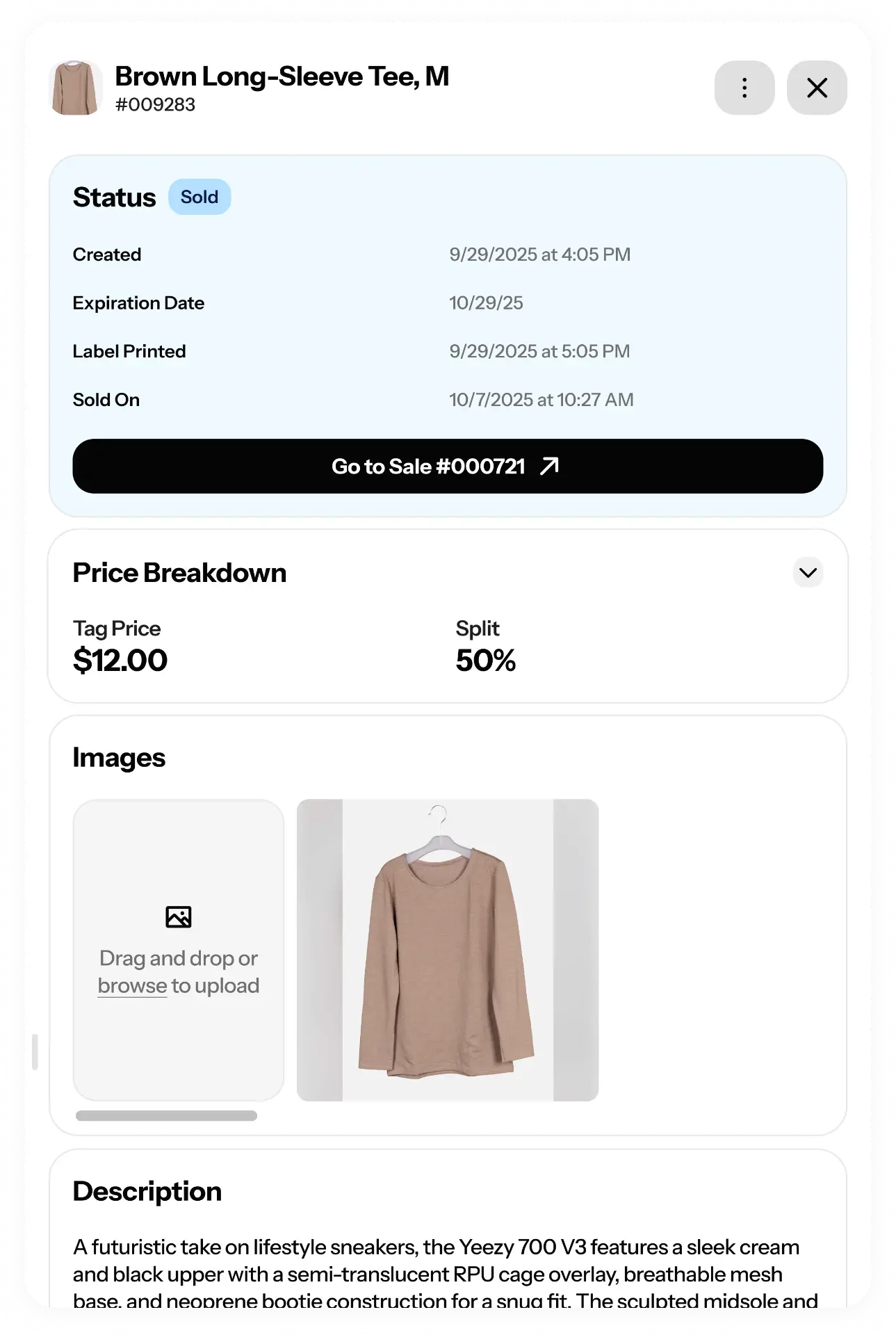 Screenshot of an item detail page showing status, price breakdown and images.