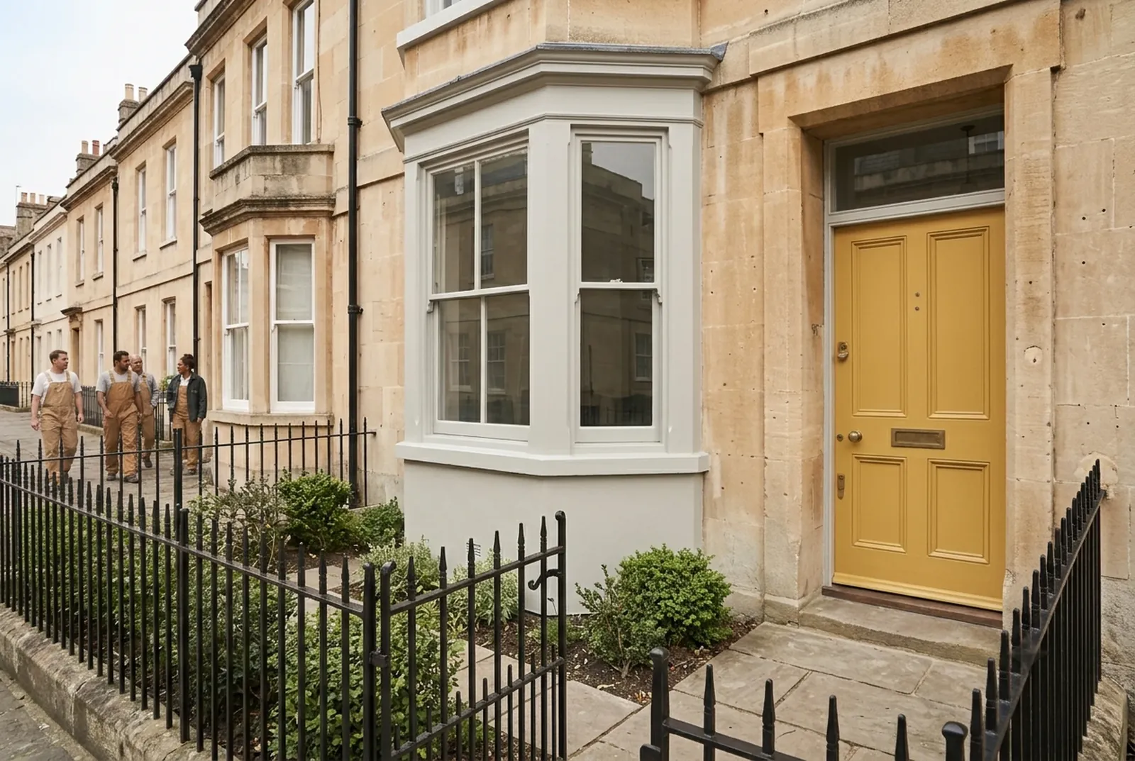 The same house after: crisp grey-white bay, repaired sills and a mustard-yellow door