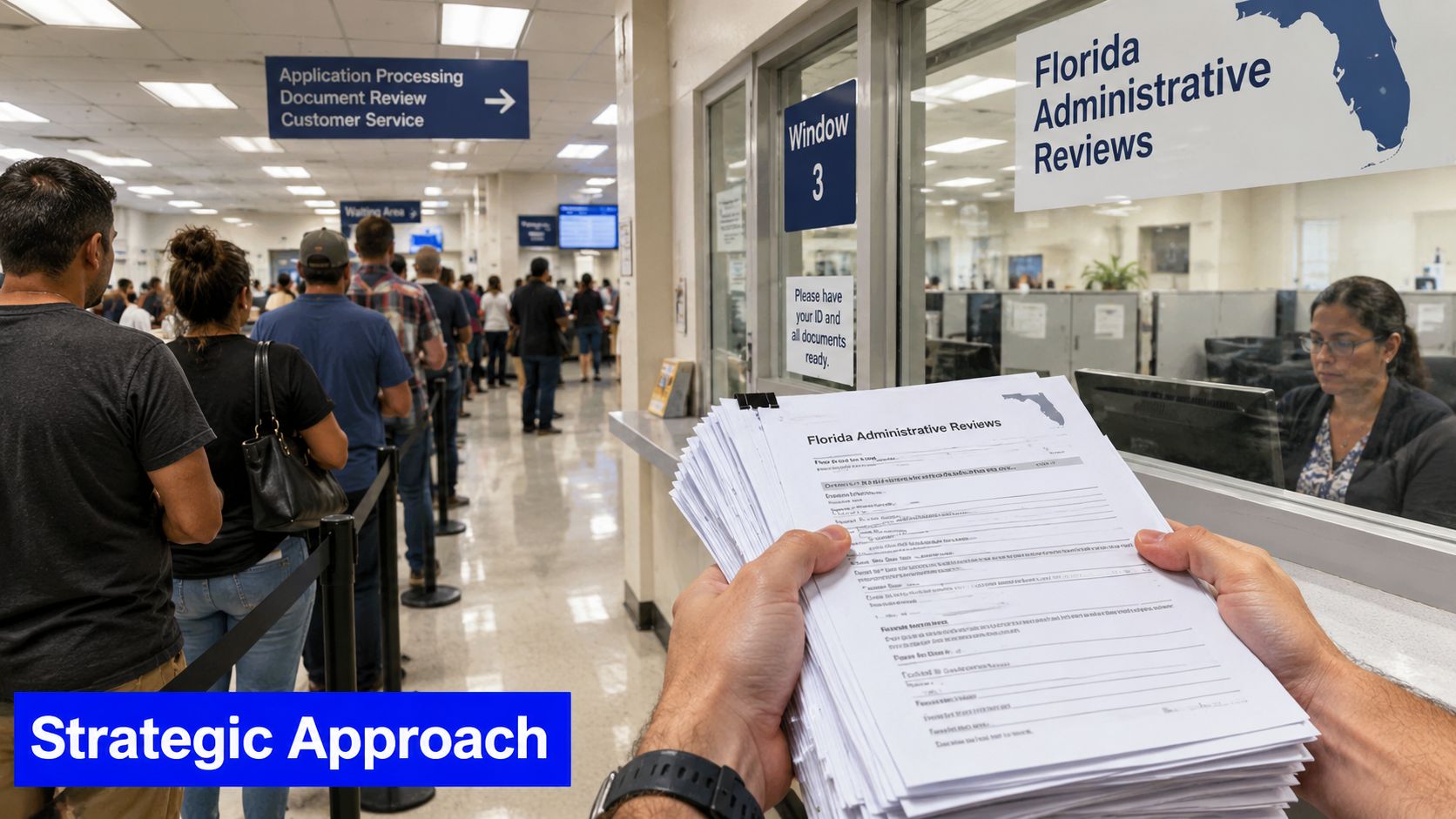 A person holds a stack of Florida Administrative Review forms while standing in a government office line.