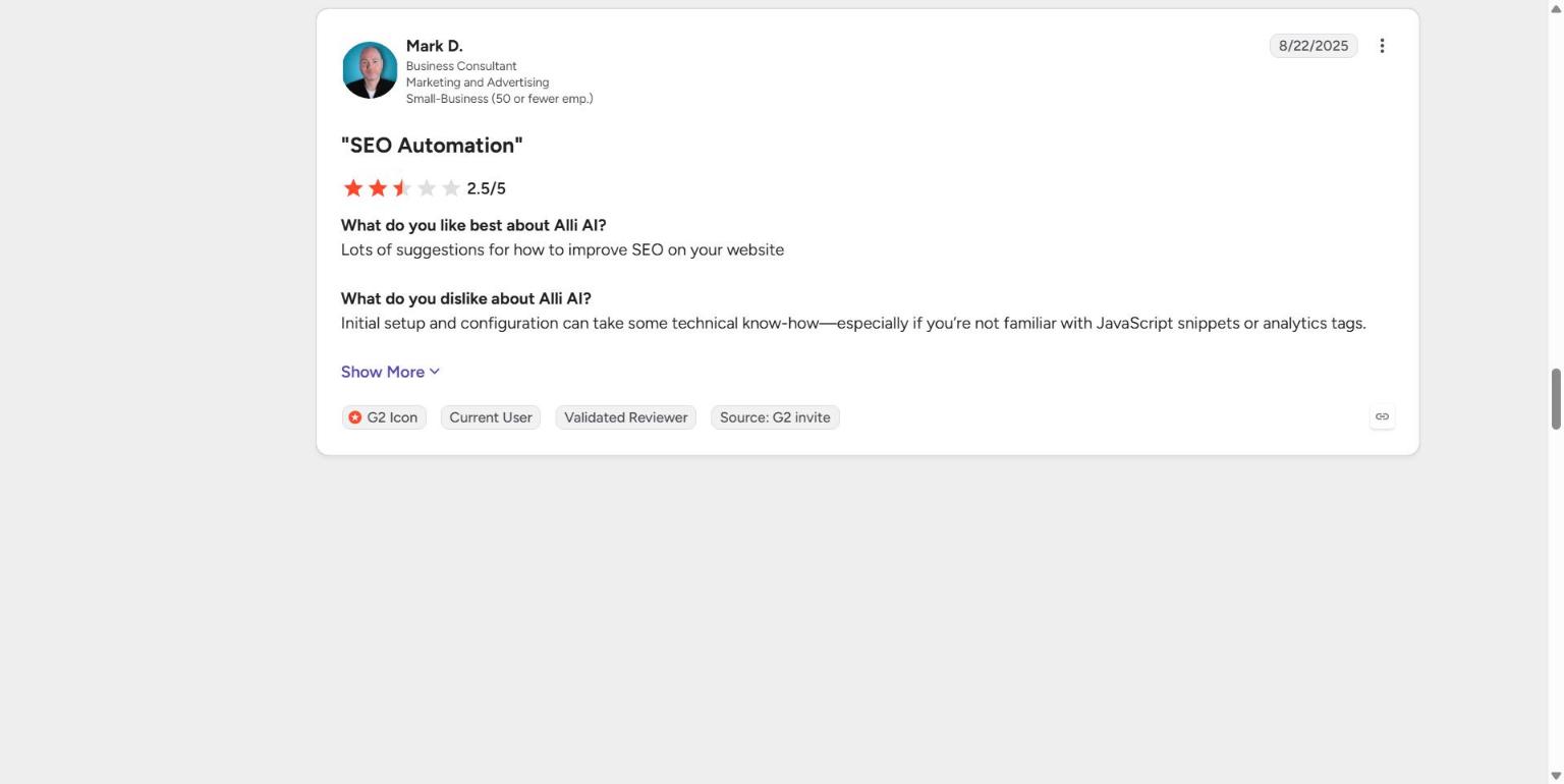 G2 review rating Alli AI 2.5 out of 5 and noting that setup takes technical know-how with JavaScript snippets and analytics tags