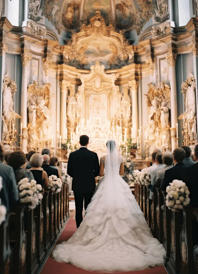 A bride and groom walk down the aisle in a beautifully decorated venue, bathed in warm light.