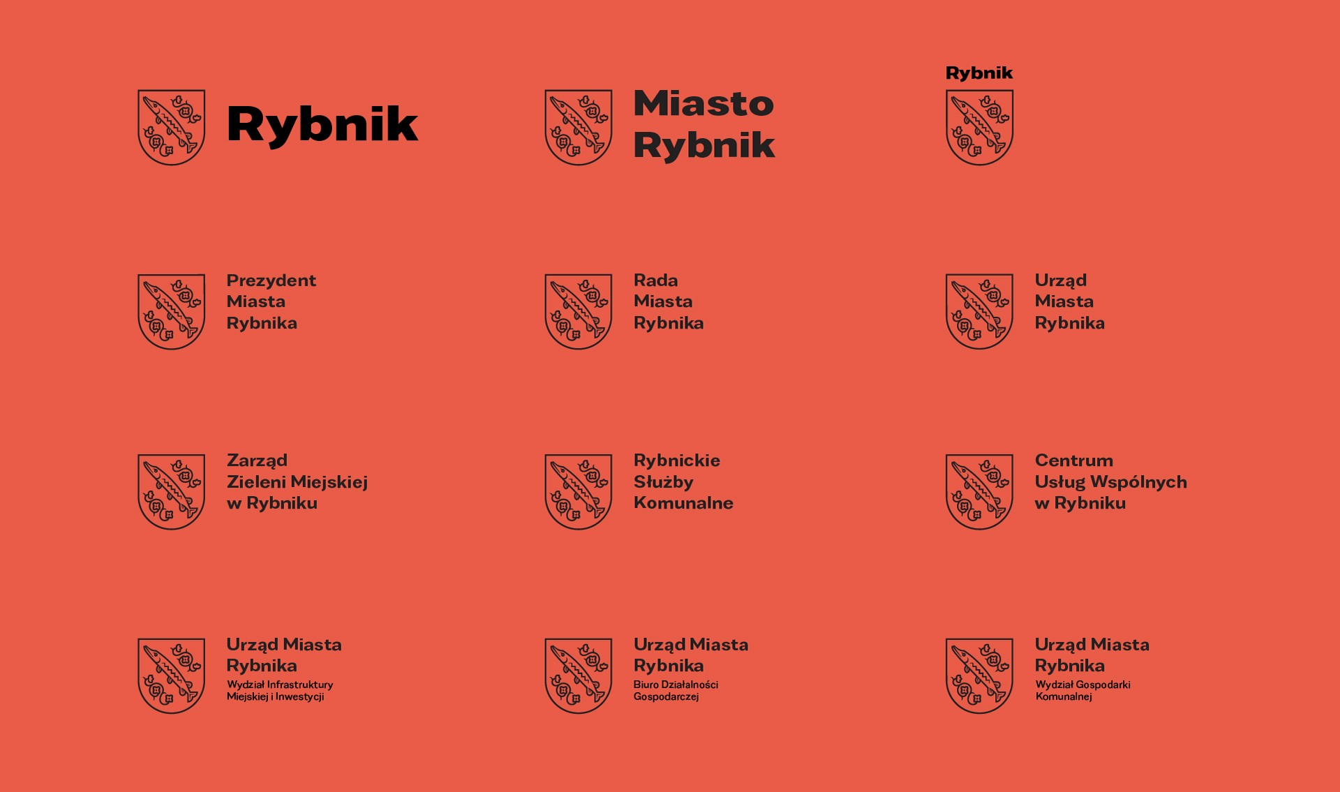 Czerwona plansza z 12 zestawieniami herbu i nazw, m.in. „Rybnik”, „Miasto Rybnik”, „Rada Miasta Rybnika”.