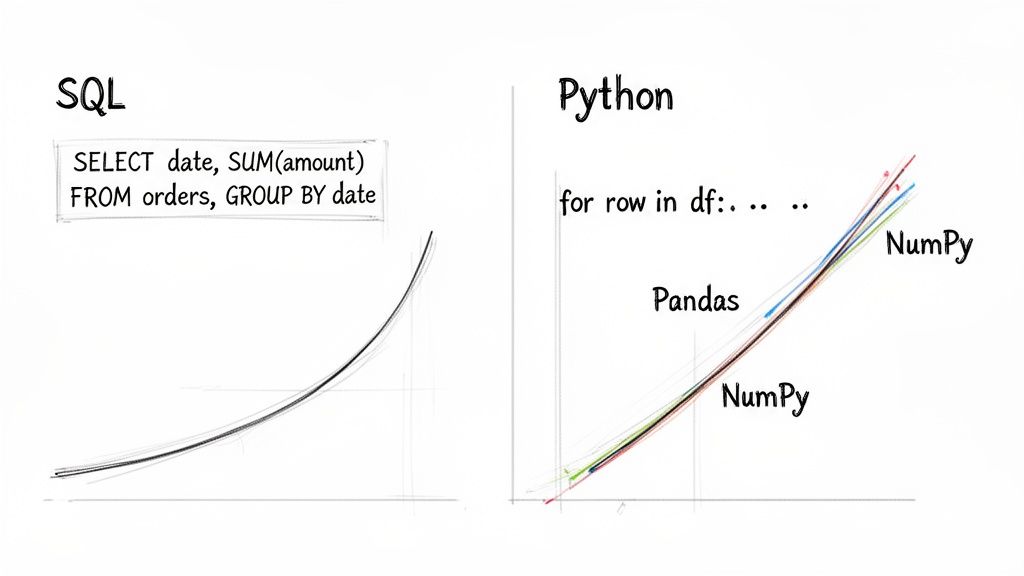 Performance comparison of SQL queries versus Python loops, Pandas, and NumPy libraries.