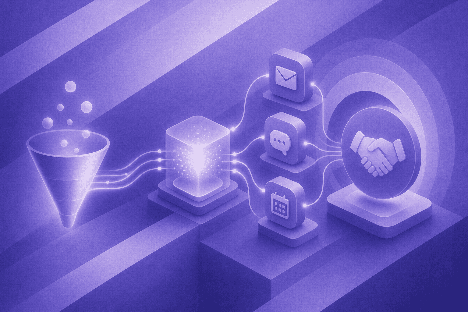 A clean modern enterprise B2B illustration showing a complete connected sales pipeline cycle: a glowing funnel on the left feeding into a central AI processing core, which branches outward into multiple communication channels including email, chat, and calendar icons, all converging on a handshake or meeting symbol on the right. Deep blue and teal color palette, abstract corporate style, smooth geometric shapes, no text or labels anywhere, professional digital art