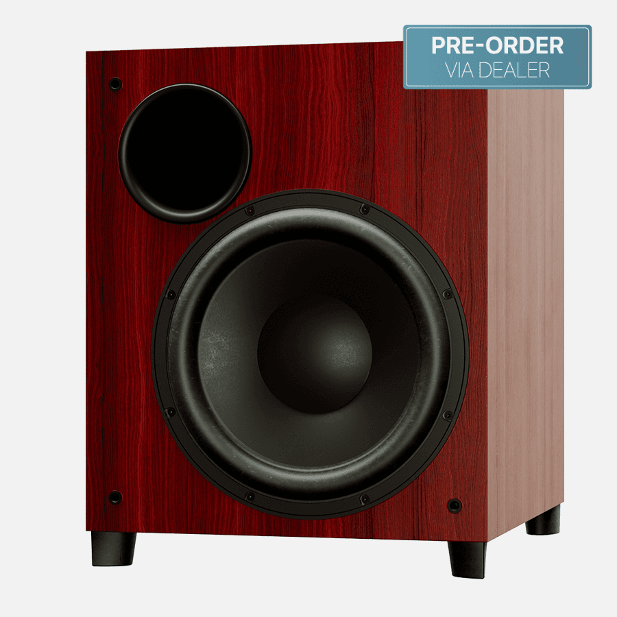 Subwoofer with a dark wood finish and pre-order tag
