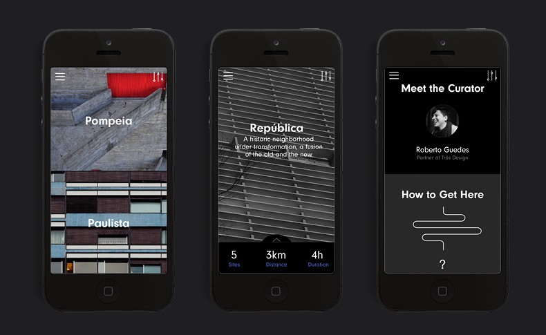 Three smartphones are displayed side by side, each showing a different screen. The leftmost phone displays a photo of Roman ruins labeled “Pompeia,” the center phone shows a screen titled “República” with a historical neighborhood description, and the rightmost phone displays a black screen titled “Meet the Curator” with a photo of Roberto Guedes and text about “How to Get Here.” All phones are black and appear to be iPhones.