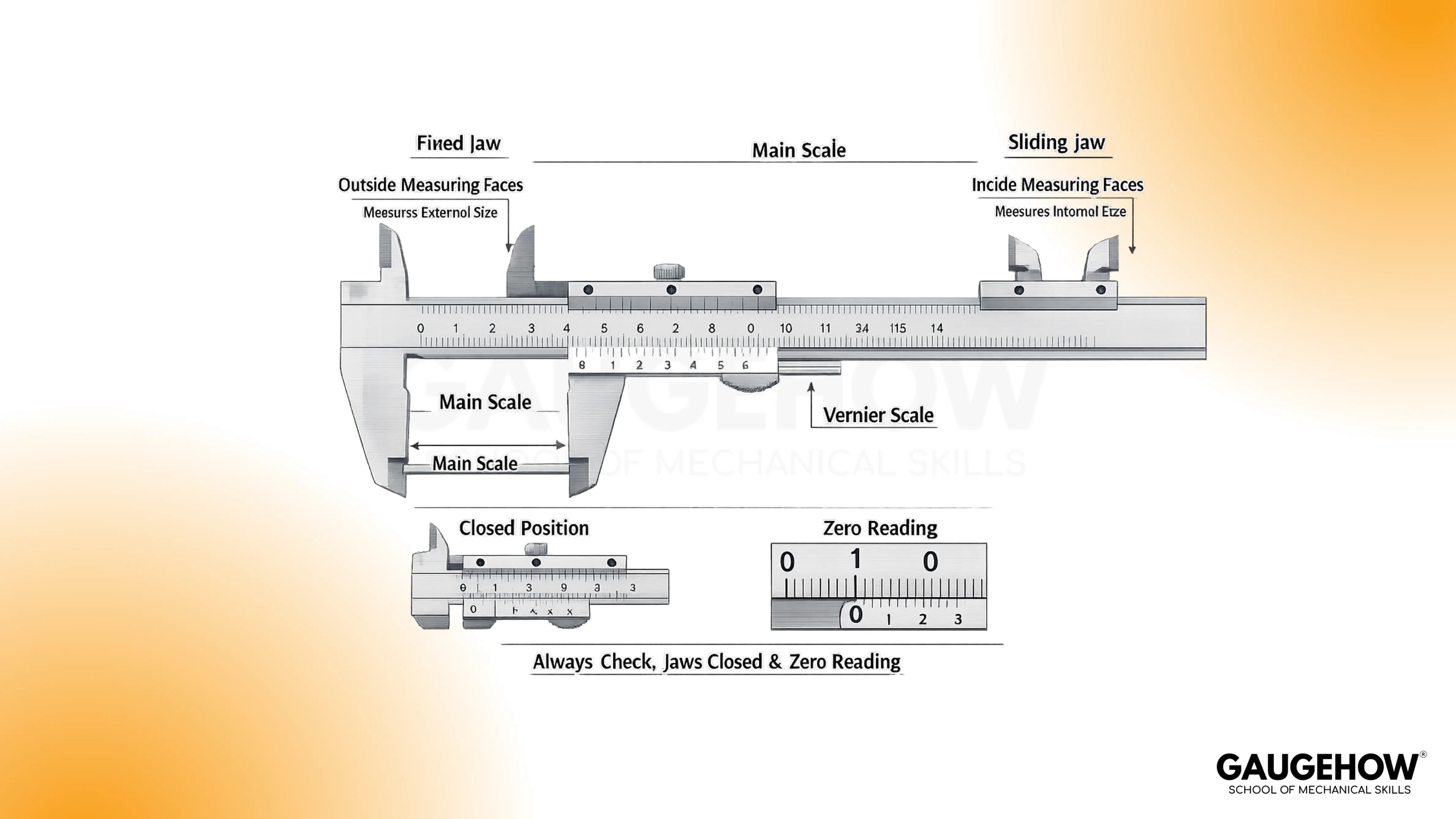 Vernier caliper parts and zero reading diagram