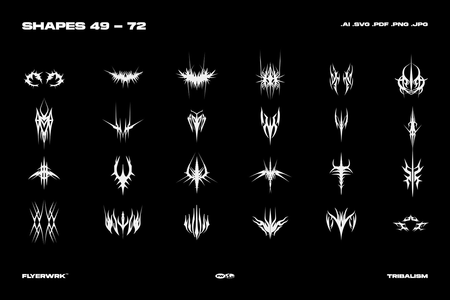 Tribalism vector shapes set preview displaying neo tribal symbols 49 to 72