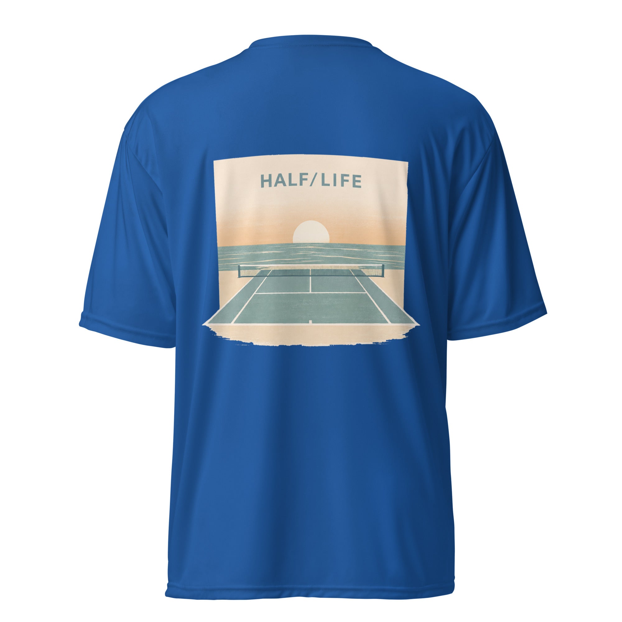 Royal Blue t-shirt with 'Half/Life' graphic on the back and image of a pickleball court by the ocean
