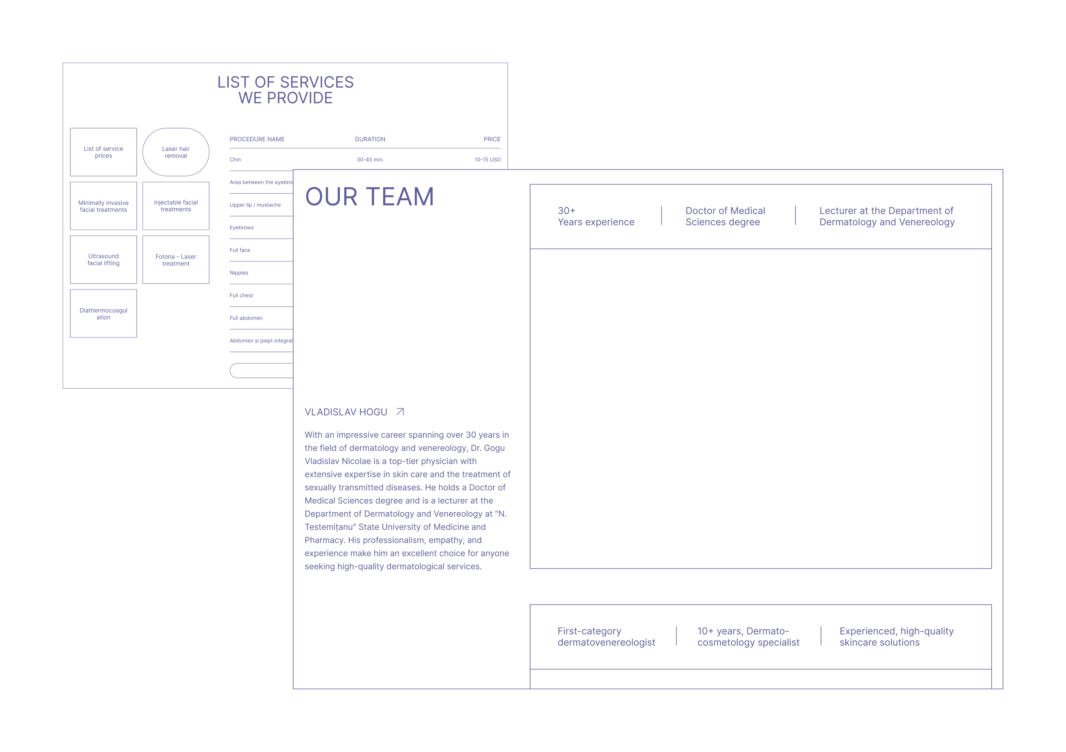 Wireframe layouts of SkinMed landing page showing service list and doctor profiles in clean structured design