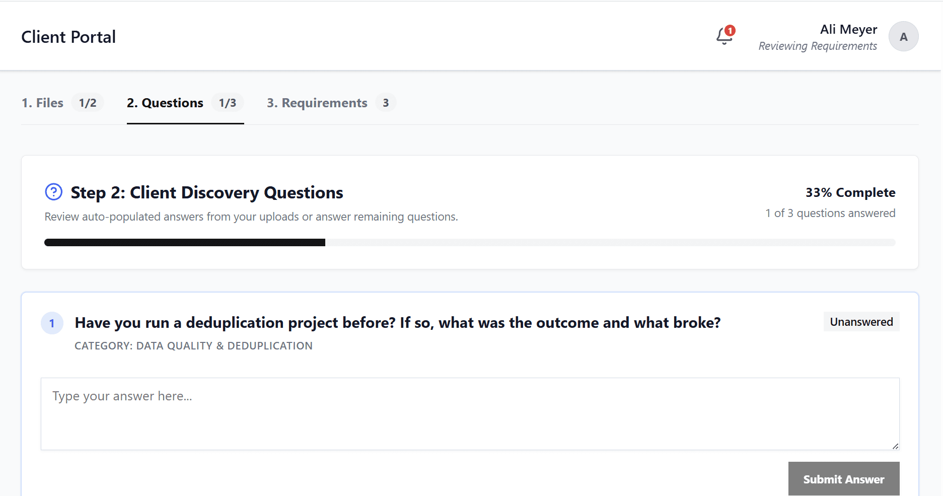 Modal prompting which client contacts to send the 3 selected requirements to