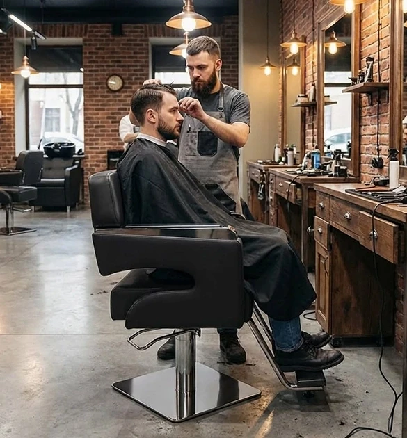 Barber cutting a client's hair in a brick-walled barbershop