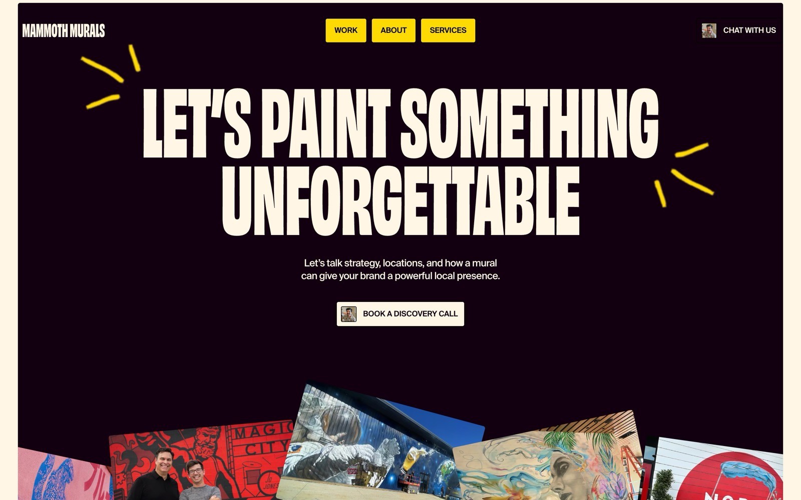 Yellow text reads "LET'S PAINT SOMETHING UNFORGETTABLE" on dark background. Button below: "Book a Discovery Call." Images of murals at bottom.