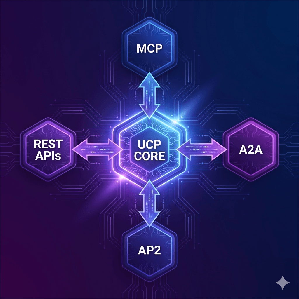 Diagram with a central "UCP CORE" connected to four nodes: "MCP," "A2A," "AP2," and "REST APIs.