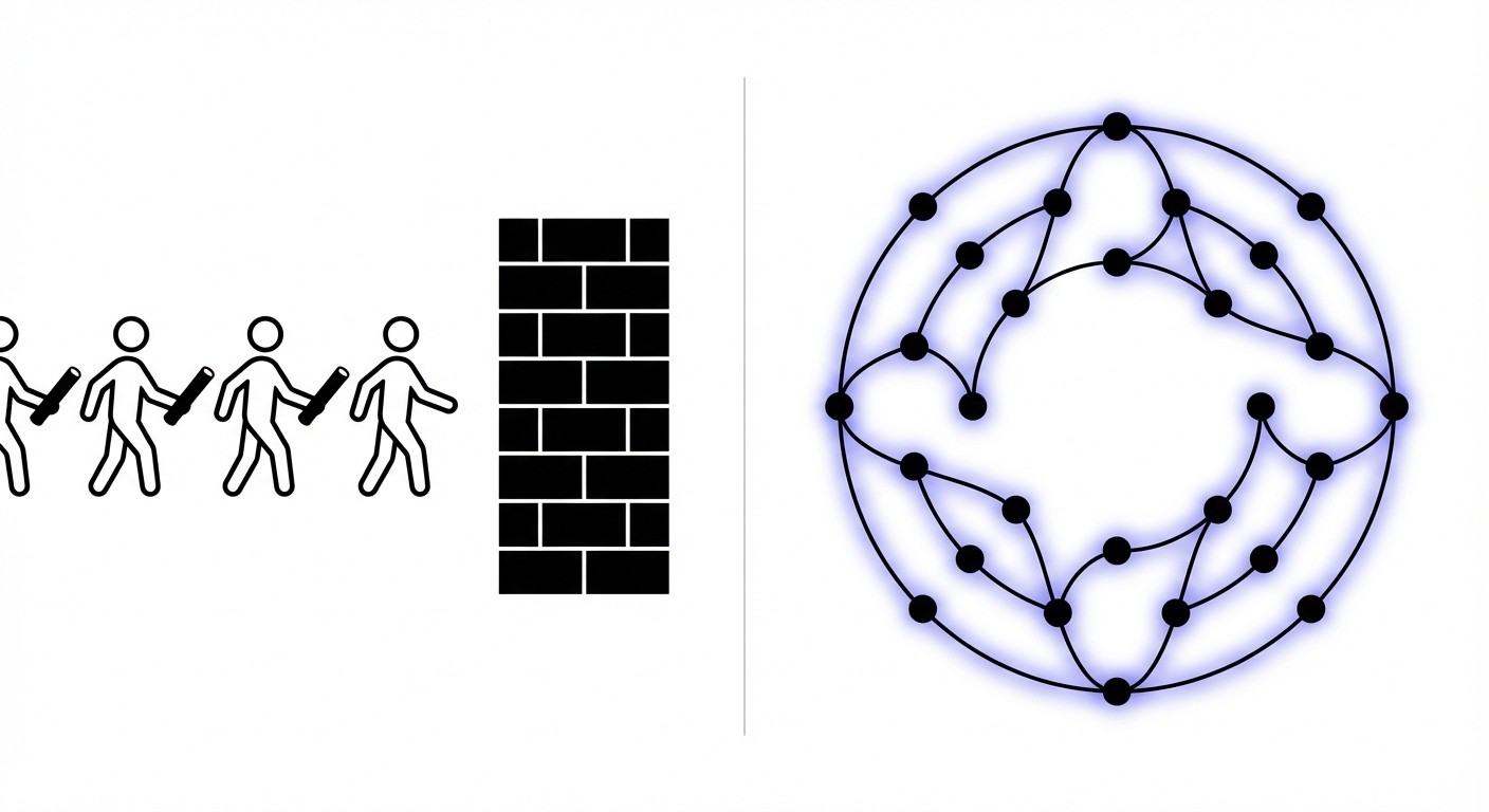 A comparison diagram showing a rigid, linear process hitting a wall on the left, contrasted with a fluid, interconnected network of information on the right.