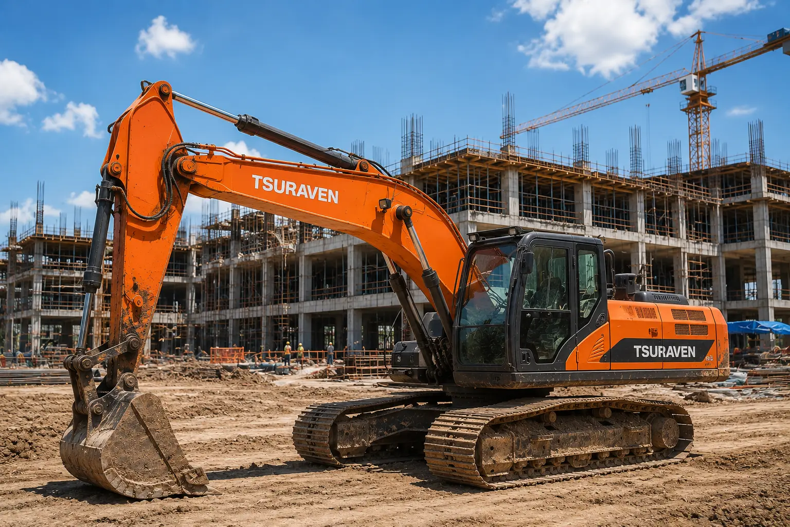 Construction workers wearing safety gear and hard hats on site