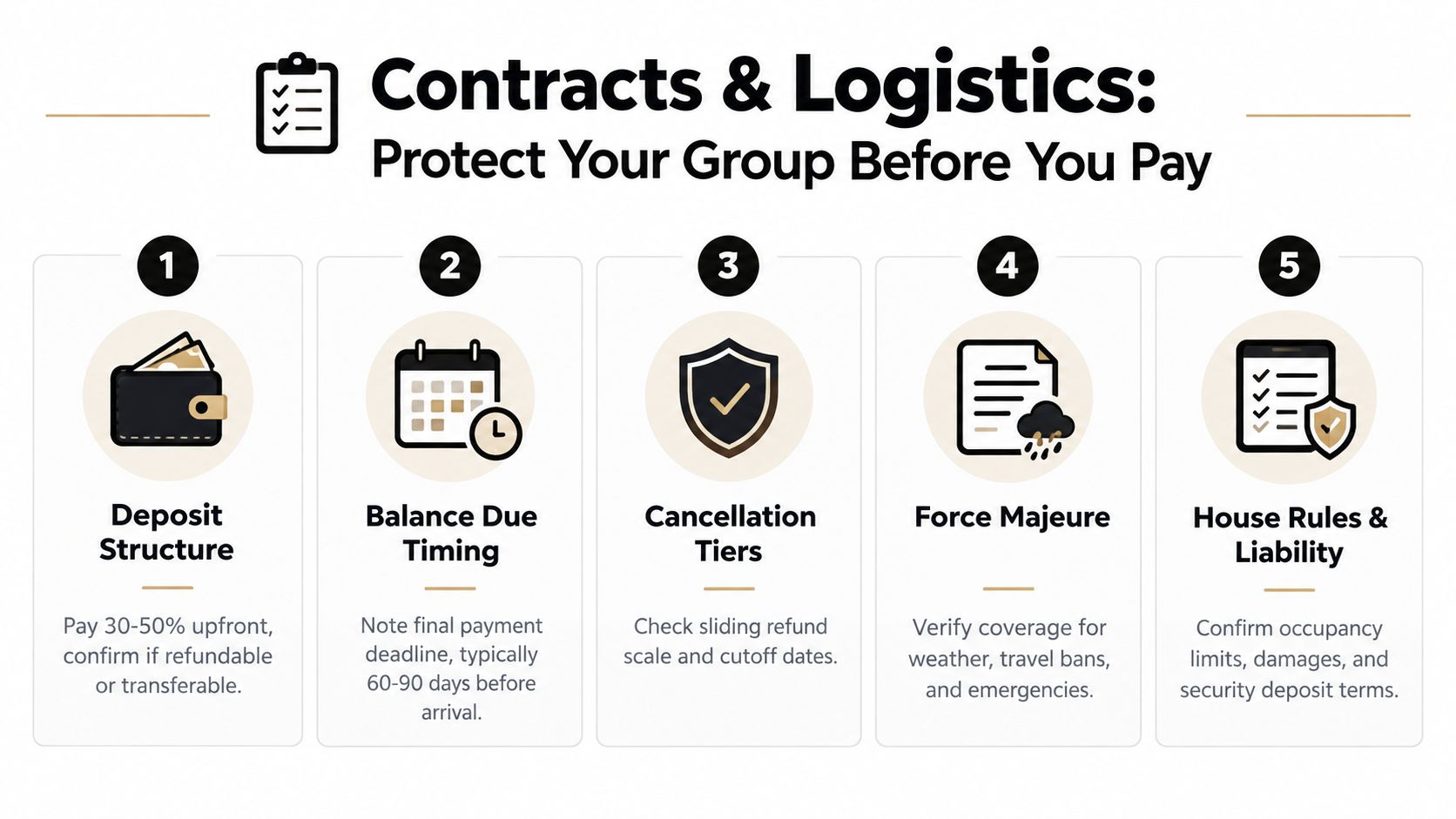 An infographic titled Contracts and Logistics listing five essential steps to protect a group when renting property.