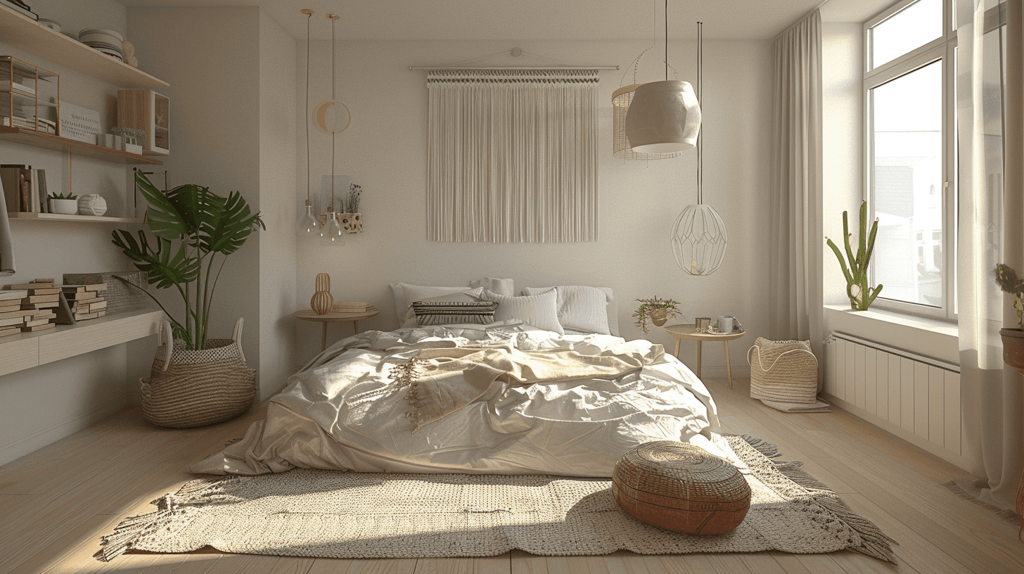A cozy living room with beige walls, a Scandinavian-style sofa, a wooden coffee table, and minimalistic decor, featuring natural light from large windows.