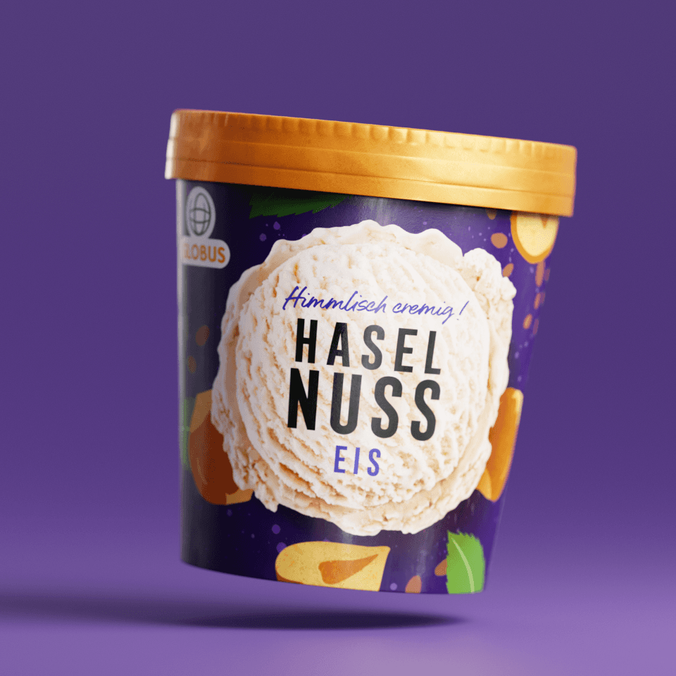 Globus Eis Detailansicht – einzelner Eisbecher mit Aquarell-Illustration und Sortenname