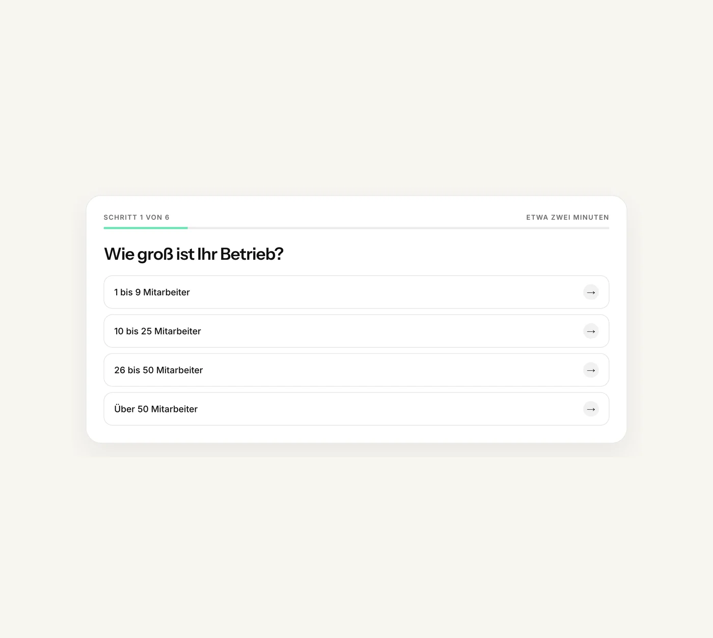 Erster Schritt des KI-Checks von webdrei.studio: die Frage nach der Betriebsgröße mit vier Antwortmöglichkeiten