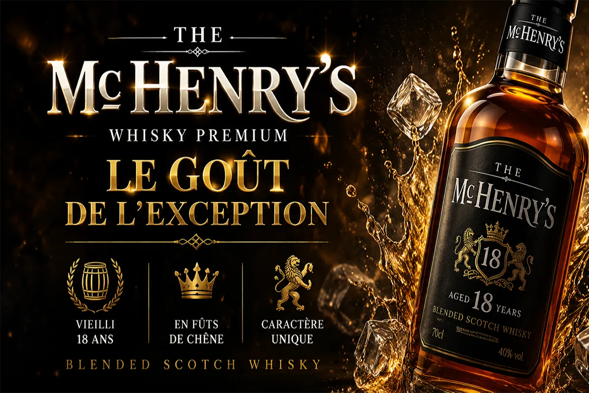 Visuel publicitaire généré par IA pour la marque de whisky McHenry’s