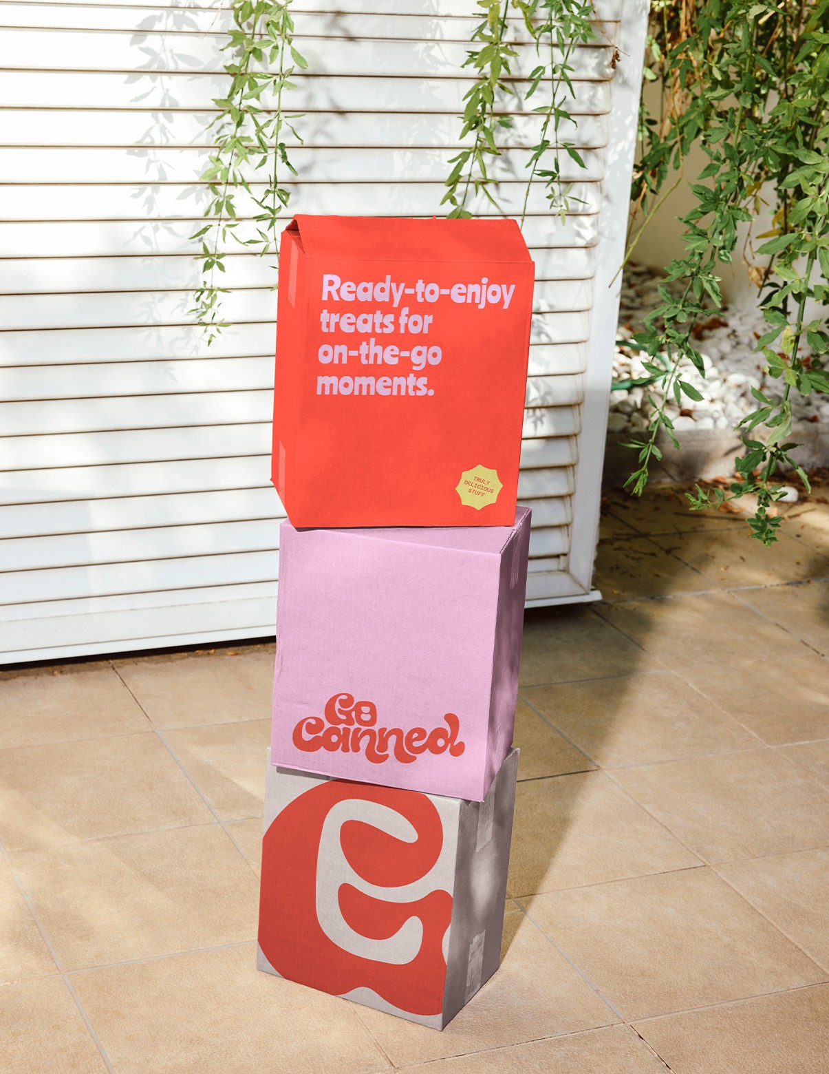 packaging design for delivery boxes pink and red