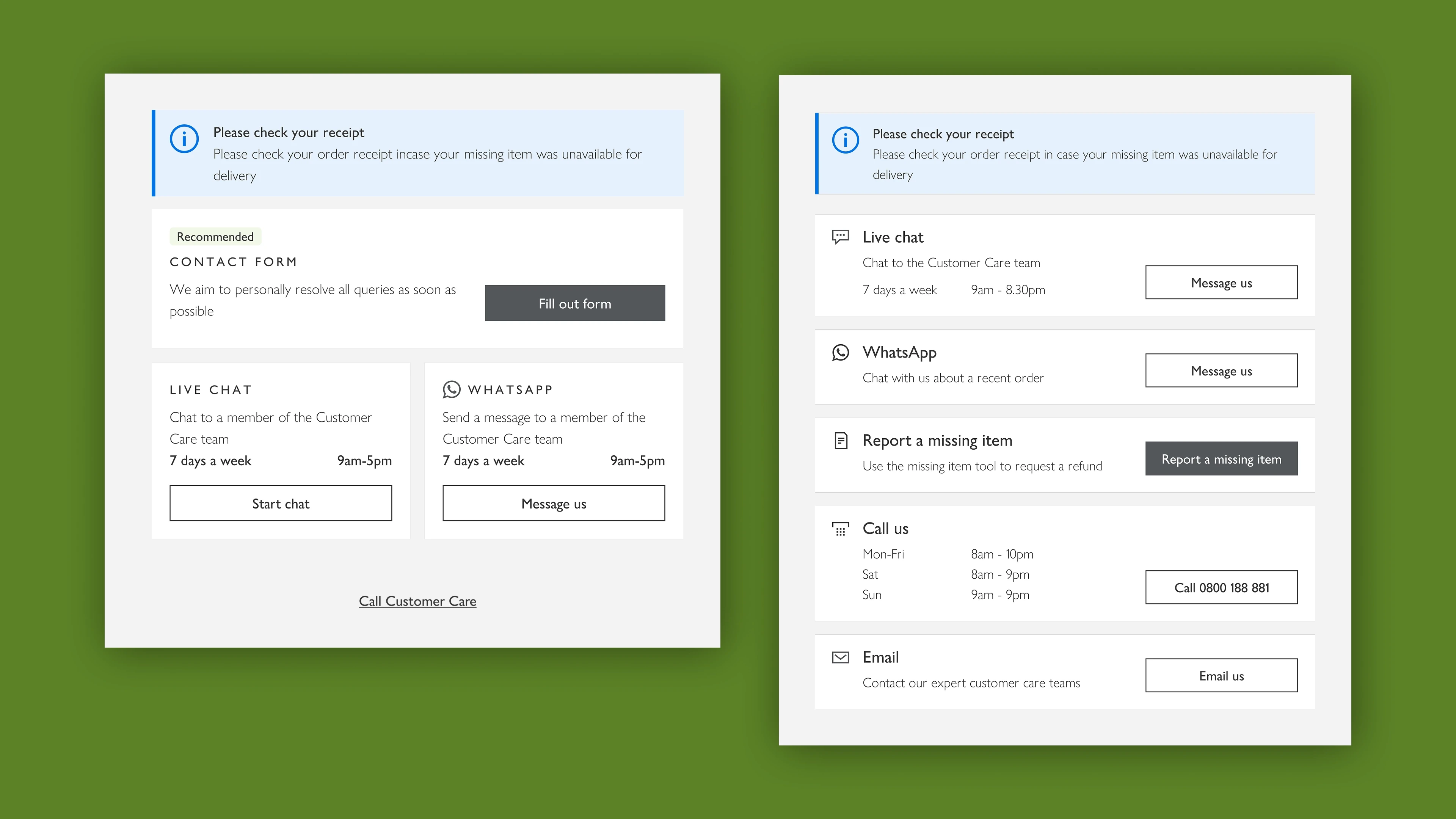 Two-panel comparison of a compact recommendation card and the full screen listing all contact options.