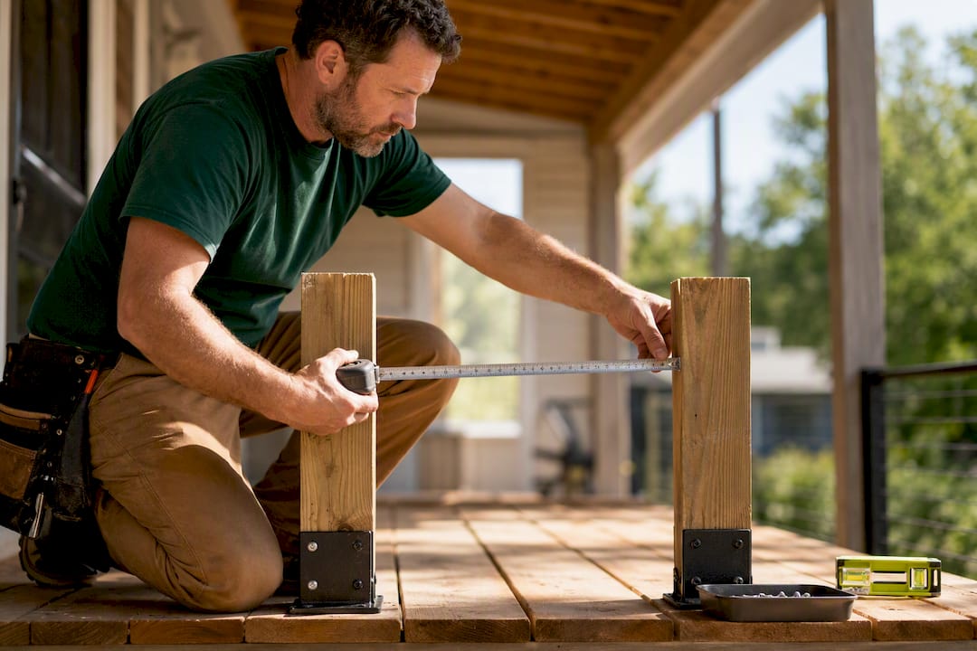 Contractor measuring railing post spacing