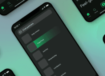 Close-up of a smartphone with a messaging app interface. The app shows a list of chat partners with an active selection highlighted.