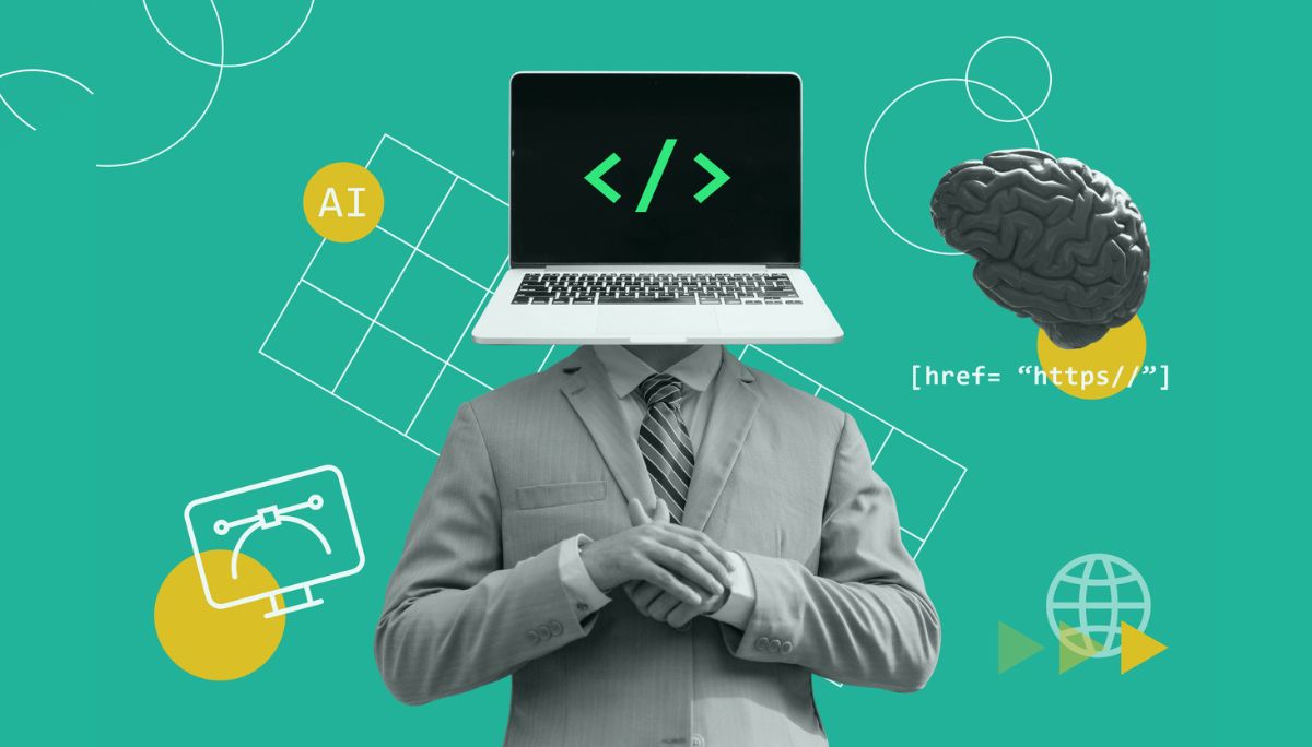 Digital collage of a suited professional with a laptop for a head surrounded by AI and coding symbols, representing modern AI‑powered career tools.