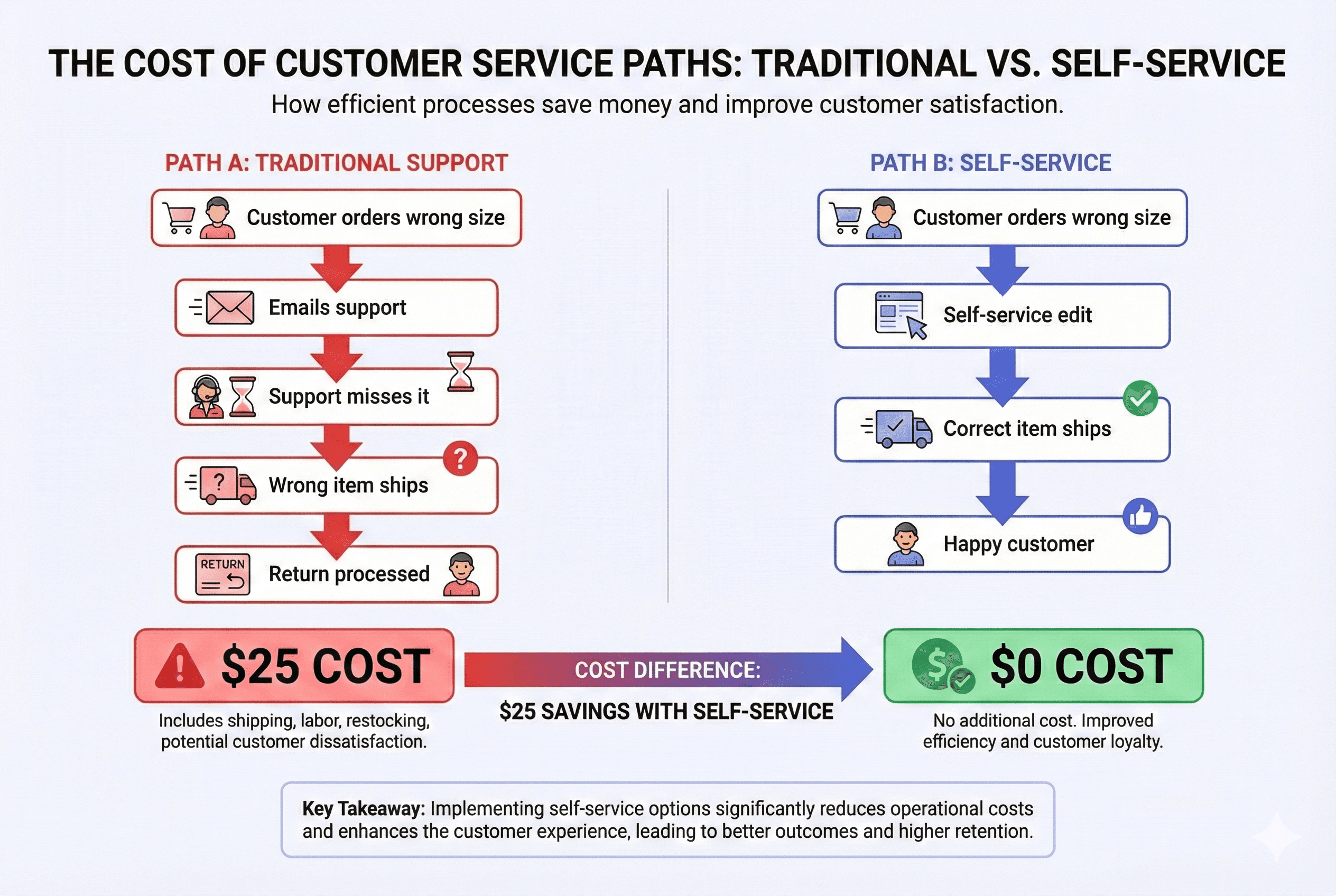 Comparison flowchart showing two outcomes when a customer orders the wrong size. Path A (Manual Support) leads to a missed email, a wrong item shipped, and a $25 return cost. Path B (Self-Service Edit) leads to an immediate correction, the correct item shipped, a happy customer, and $0 in extra costs.