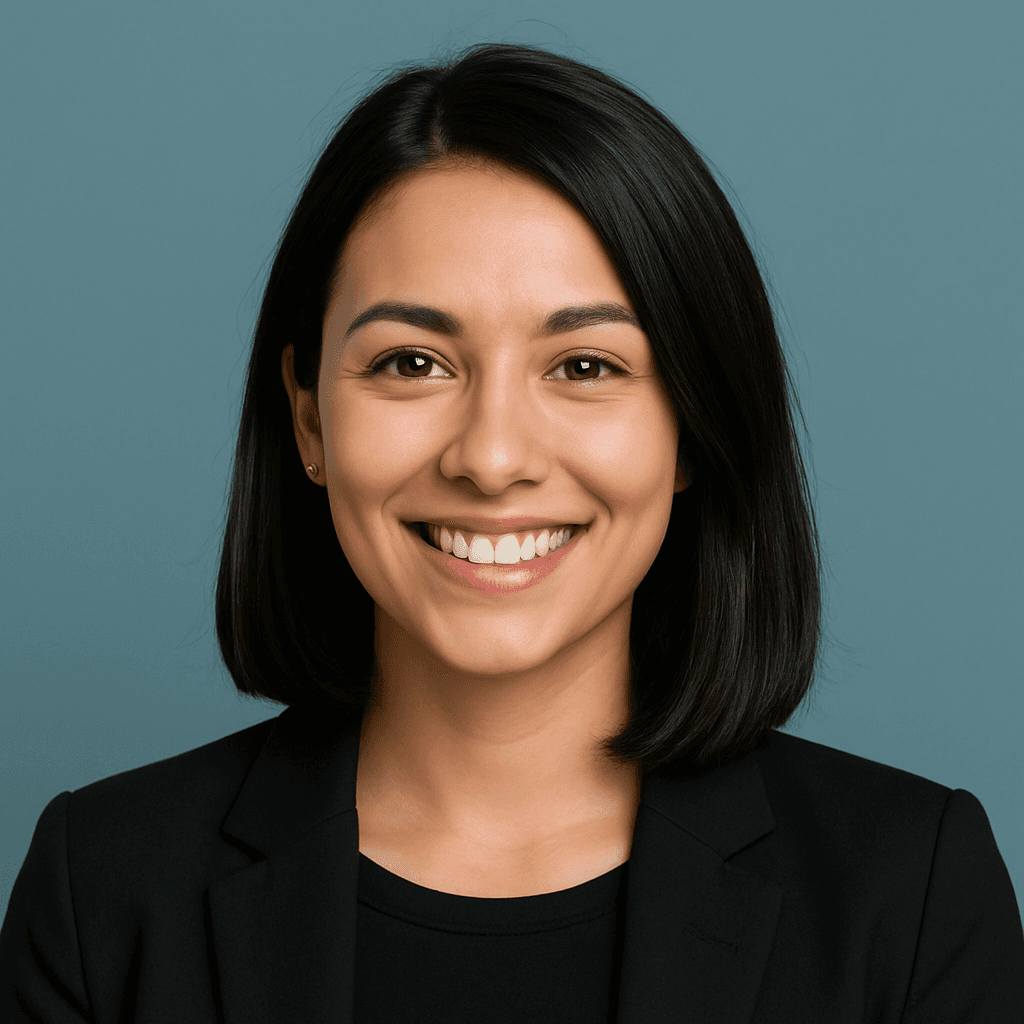 Smiling woman with shoulder-length black hair, wearing a black blazer, against a plain blue background. Conveys confidence and warmth.