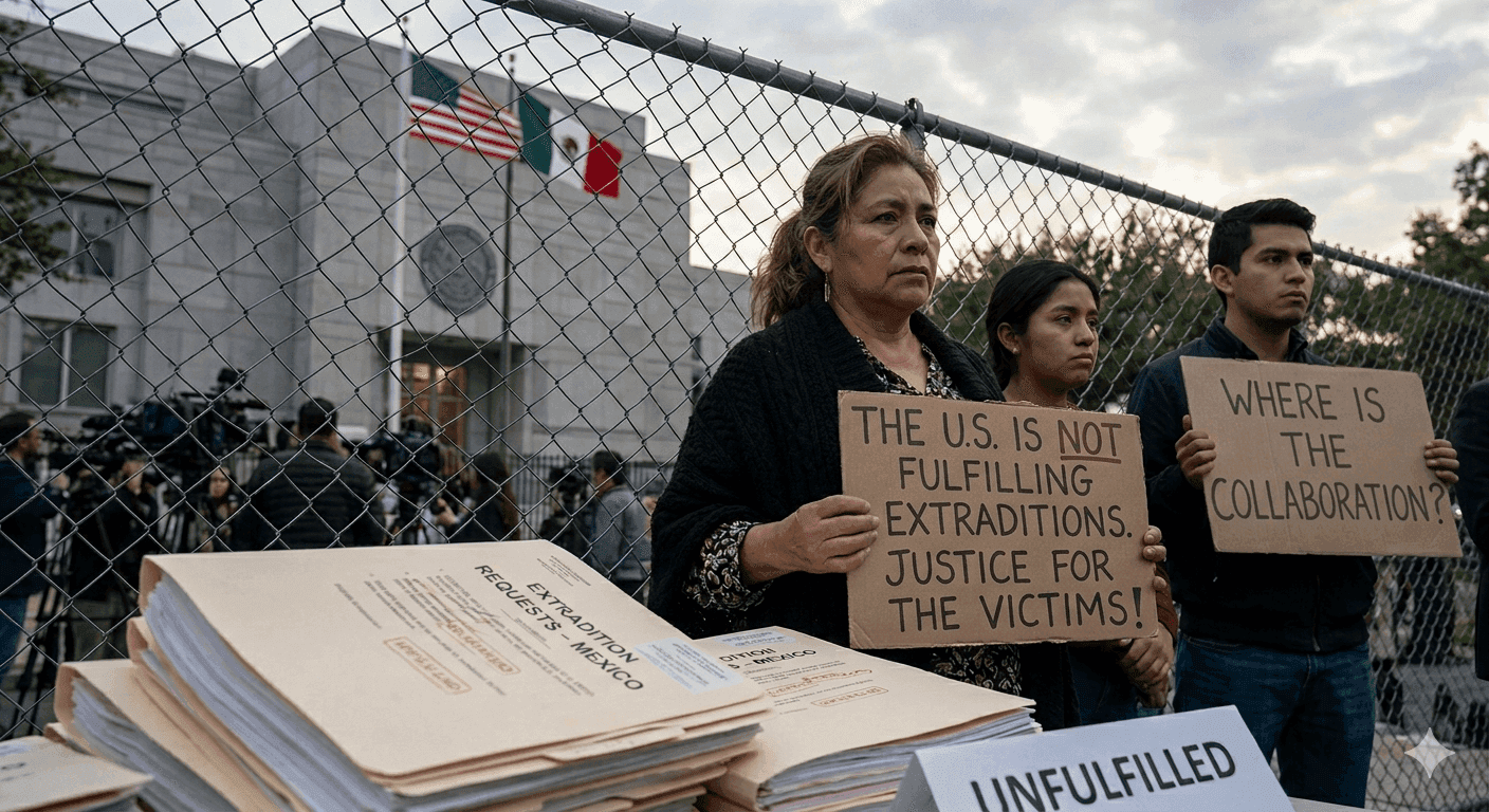 Protestors outside a government building hold signs demanding justice regarding unfulfilled Mexican extradition requests, with stacks of legal files piled in the foreground.