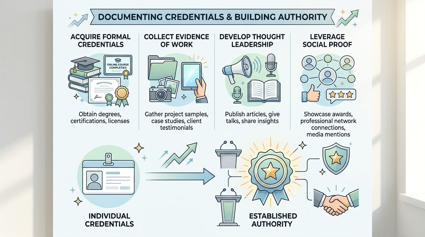 An infographic detailing steps to document professional credentials and build industry authority through various methods.