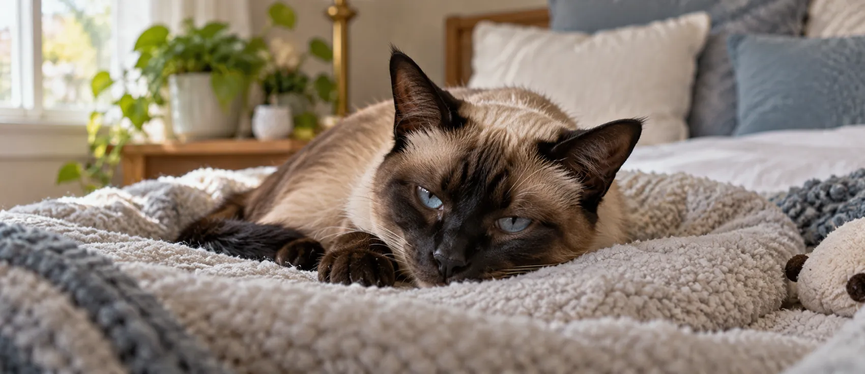 A Siamese cat rests on a bed with a subdued, half-closed gaze.